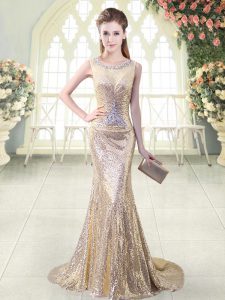 Gold Dress for Prom Prom and Party and Military Ball with Beading Scoop Sleeveless Brush Train Zipper