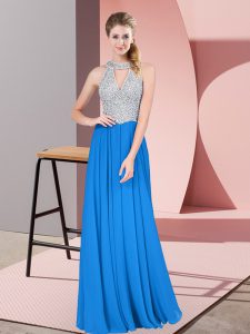 Chiffon High-neck Sleeveless Zipper Beading Prom Gown in Blue
