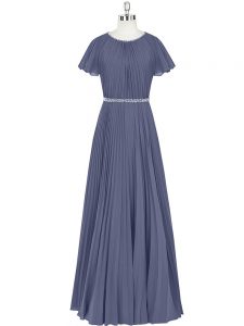 Modern Blue Evening Dress Prom and Party and Military Ball with Beading and Pleated Scoop Short Sleeves Zipper
