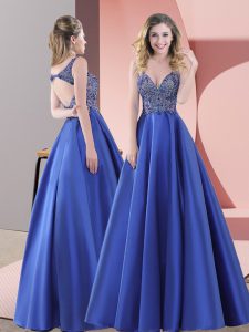 Blue Sleeveless Satin Sweep Train Backless Evening Dress for Prom and Party and Military Ball