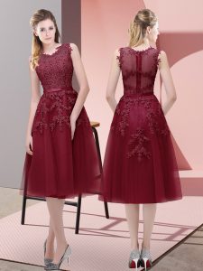 Burgundy Lace Up Prom Gown Beading and Lace and Appliques Sleeveless Tea Length