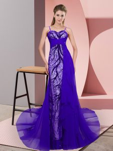 Purple Tulle Zipper Spaghetti Straps Sleeveless Prom Party Dress Sweep Train Beading and Lace