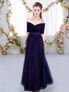 Floor Length Lace Up Bridesmaids Dress Purple for Prom and Party and Wedding Party with Ruching