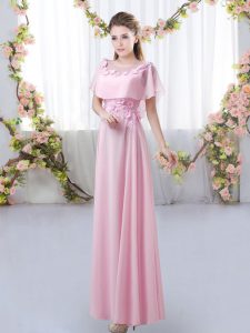 Floor Length Zipper Bridesmaids Dress Rose Pink for Prom and Party and Wedding Party with Appliques