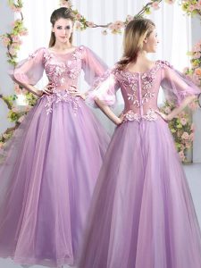 Appliques Bridesmaids Dress Lavender Zipper Half Sleeves Floor Length