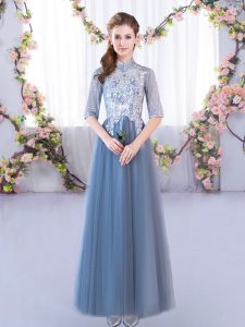 Gorgeous Half Sleeves Floor Length Lace Lace Up Bridesmaids Dress with Blue