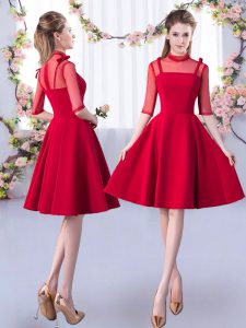 Hot Sale Knee Length Red Court Dresses for Sweet 16 Satin Half Sleeves Ruching