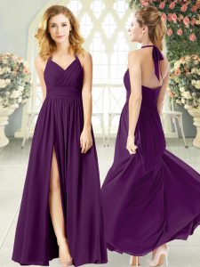 Purple Backless Ruching Sleeveless Floor Length
