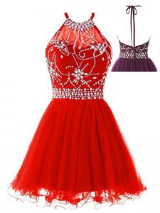 Eye-catching Mini Length Backless Homecoming Dress Red for Prom and Party with Beading