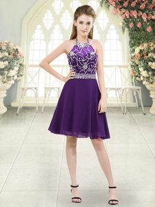 Sleeveless Knee Length Beading Zipper Prom Evening Gown with Eggplant Purple