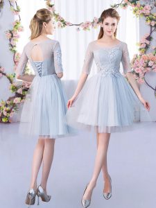 Shining Scoop Half Sleeves Court Dresses for Sweet 16 Mini Length Lace Grey Tulle