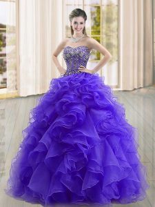 Sleeveless Floor Length Beading and Ruffles Lace Up Ball Gown Prom Dress with Purple