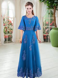 Blue Lace Up Scoop Lace Prom Party Dress Tulle Half Sleeves