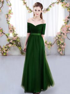 Green Empire Off The Shoulder Short Sleeves Tulle Floor Length Lace Up Ruching Bridesmaid Gown