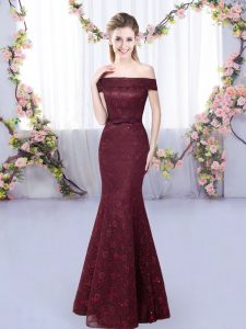 Mermaid Quinceanera Court of Honor Dress Burgundy Off The Shoulder Sleeveless Floor Length Lace Up