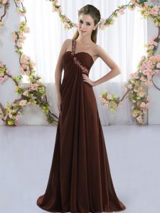 On Sale Sleeveless Chiffon Brush Train Lace Up Bridesmaid Gown in Brown with Beading