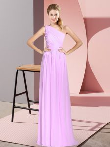 Stylish Lilac Empire One Shoulder Sleeveless Chiffon Floor Length Lace Up Ruching Prom Gown