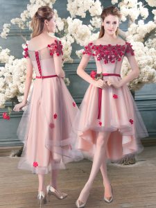 High Low A-line Short Sleeves Pink Homecoming Dress Lace Up