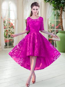 Sophisticated Fuchsia Dress for Prom Prom and Party with Lace Scoop Half Sleeves Zipper