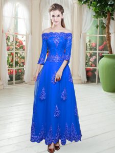 Free and Easy Off The Shoulder 3 4 Length Sleeve Lace Up Prom Evening Gown Royal Blue Tulle