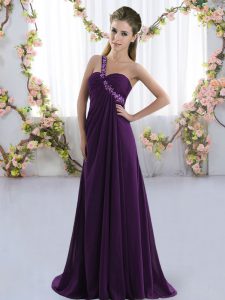 Spectacular Purple Sleeveless Brush Train Beading Bridesmaids Dress