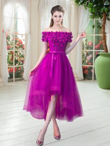 Fuchsia Lace Up Off The Shoulder Appliques Prom Dresses Tulle Short Sleeves