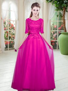 Spectacular Fuchsia Tulle Lace Up Scoop Half Sleeves Floor Length Homecoming Dress Lace
