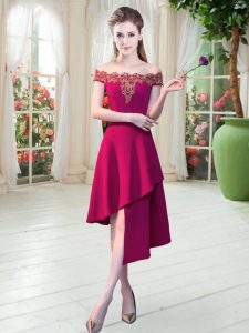 A-line Prom Dress Wine Red Off The Shoulder Satin Sleeveless Asymmetrical Zipper