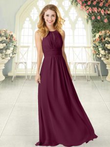 Burgundy Empire Scoop Sleeveless Chiffon Floor Length Zipper Ruching Prom Party Dress