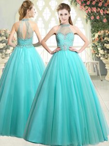 Spectacular Aqua Blue Sleeveless Beading Floor Length Homecoming Dress
