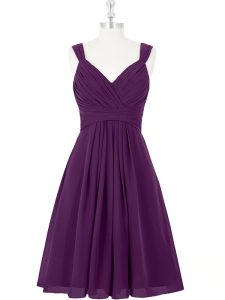 Eye-catching Straps Sleeveless Prom Gown Mini Length Ruching Purple Chiffon