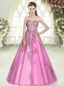 Rose Pink A-line Tulle Sweetheart Sleeveless Appliques Floor Length Lace Up Prom Gown
