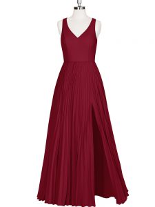Wine Red Sleeveless Floor Length Pleated Zipper Evening Dress