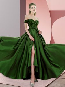 Attractive Backless Prom Party Dress Green for Prom and Party and Military Ball with Beading Sweep Train