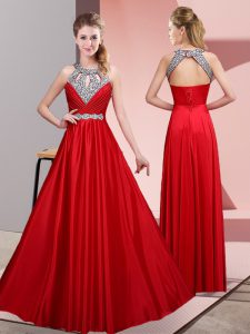 Sleeveless Floor Length Beading Lace Up with Red