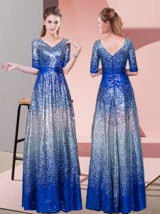 Sequined Half Sleeves Floor Length Prom Gown and Ruching