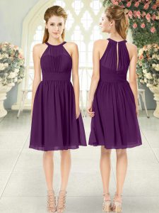 Sleeveless Chiffon Knee Length Zipper Prom Party Dress in Purple with Ruching