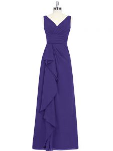 Modern A-line Dress for Prom Purple V-neck Chiffon Sleeveless Floor Length Zipper