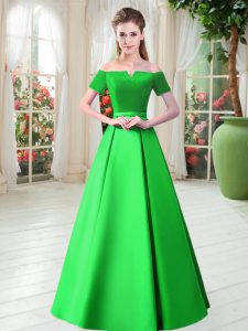 Designer Satin Off The Shoulder Short Sleeves Lace Up Belt Homecoming Dress in Green