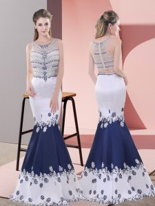 Captivating Blue And White Sleeveless Floor Length Embroidery Zipper Prom Dresses