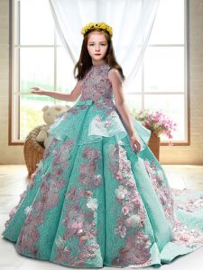 Turquoise Backless High-neck Appliques Pageant Dress Satin Sleeveless Court Train