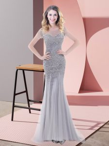 Mermaid Dress for Prom Grey Scoop Tulle Short Sleeves Floor Length Zipper