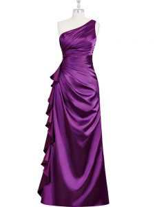 Beauteous One Shoulder Sleeveless Side Zipper Prom Gown Purple Elastic Woven Satin