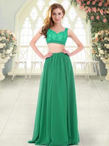 Straps Sleeveless Prom Dress Floor Length Beading and Lace Green Chiffon