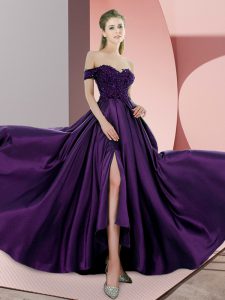 Purple Off The Shoulder Backless Beading and Lace Sweep Train Sleeveless