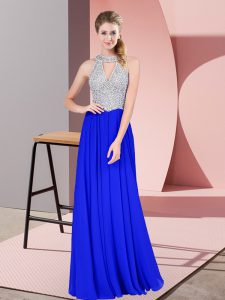 Unique Scoop Sleeveless Homecoming Dress Floor Length Beading Royal Blue Chiffon
