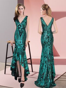 Clearance Green Zipper V-neck Ruching Dress for Prom Sequined Sleeveless