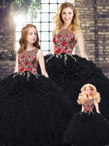 Nice Black Sleeveless Floor Length Embroidery and Ruffles Zipper Quince Ball Gowns