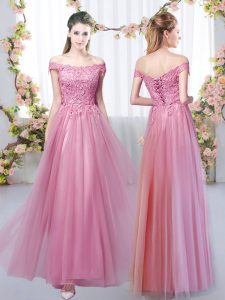 Traditional Tulle Off The Shoulder Sleeveless Lace Up Lace Dama Dress in Pink