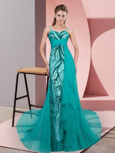 Decent Teal Zipper Prom Gown Beading and Lace Sleeveless Sweep Train